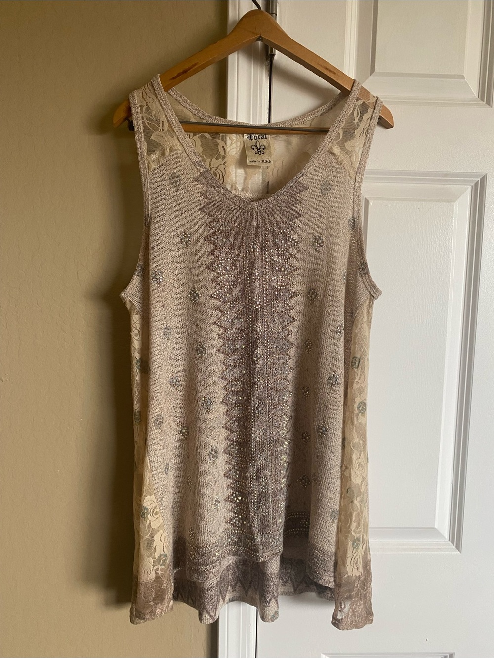Vocal Rhinestone Lace Boho Tunic Tank Top Hi Low Made USA M - Picture 2 of 10